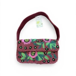 Embroidered Beaded Shoulder Bag in Maroon with Floral Accents